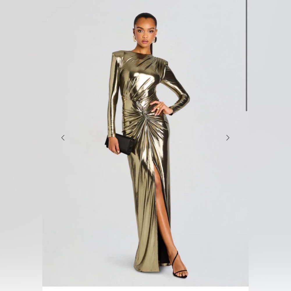 Hemmed Metallic Gold Long-Sleeve Ruched Evening Gown